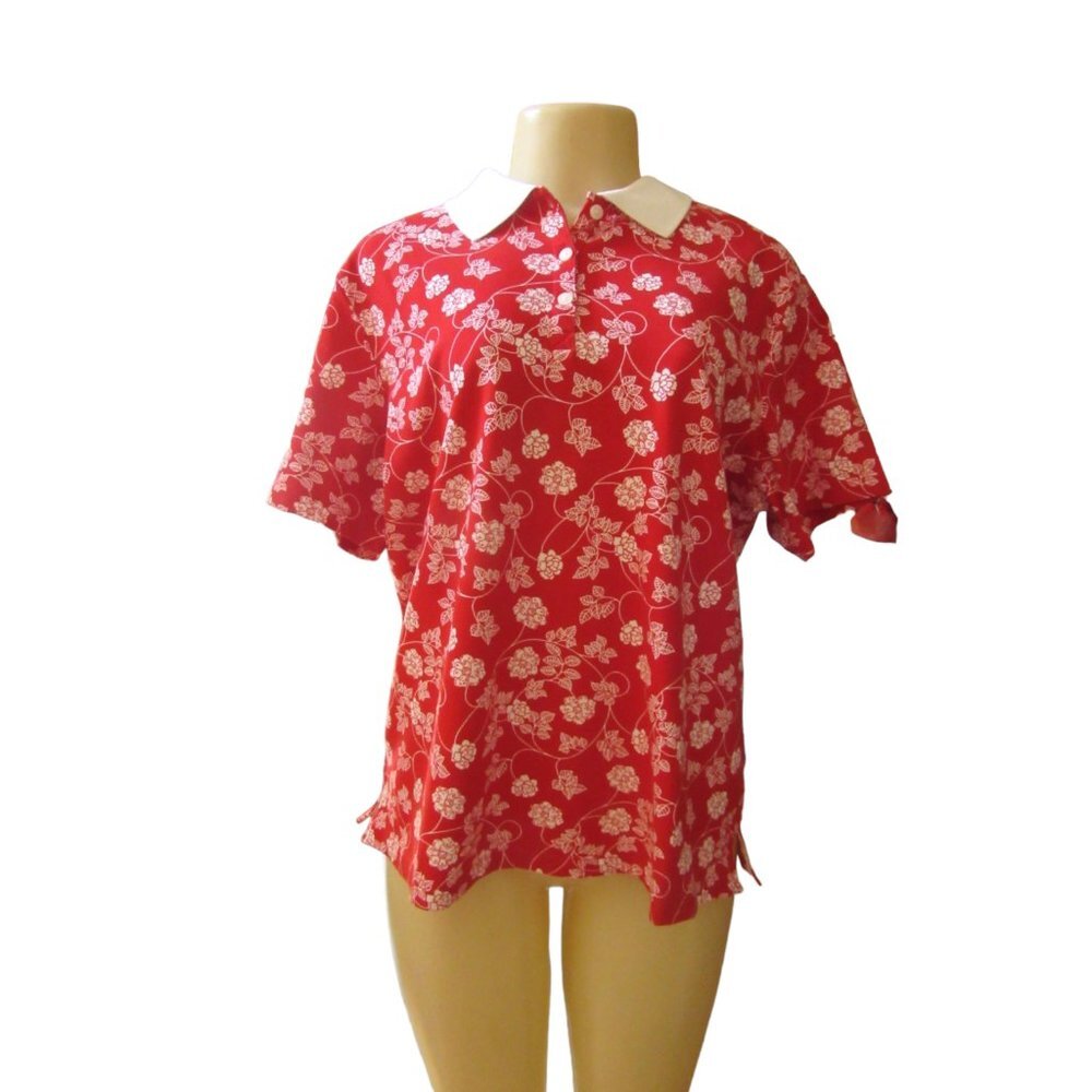 New w Tags, Liz Claibourne White Stag Stretch Pique Cherry Combo Polo Top, Sz XL